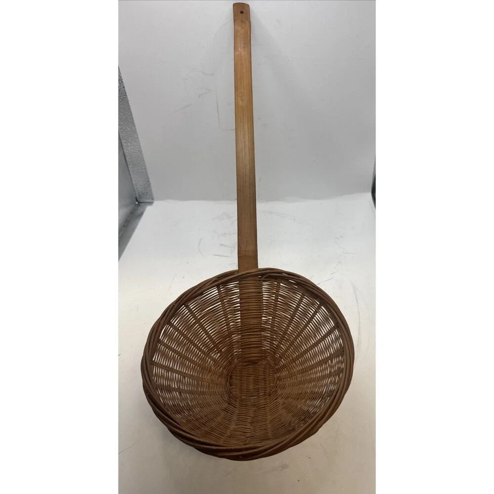 2 Vtg Wicker Ladles Spoon Scoop Woven Rattan Basket Wood Handle Primitive